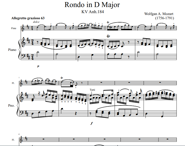 Wolfgan A. Mozart - Rondo in D Major sheet music for Flute